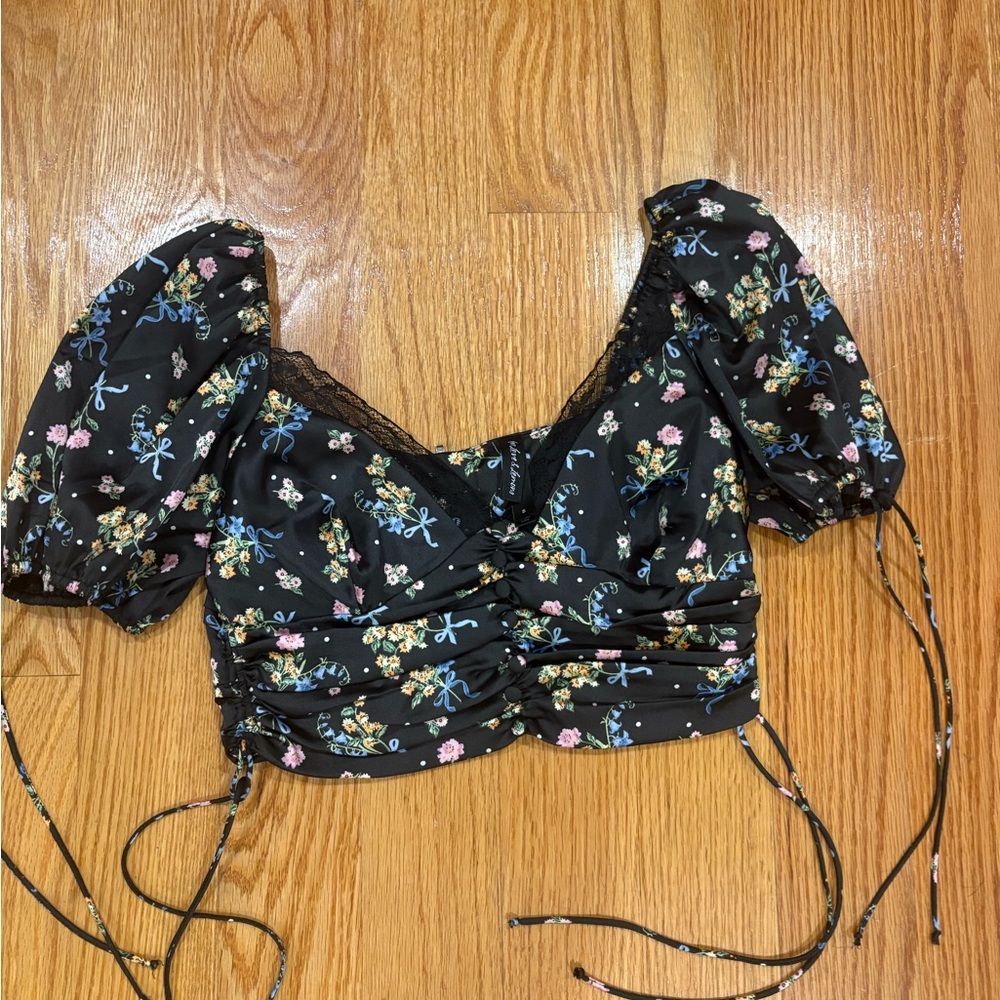 For Love And Lemons Black Floral Puff Sleeve Blouse